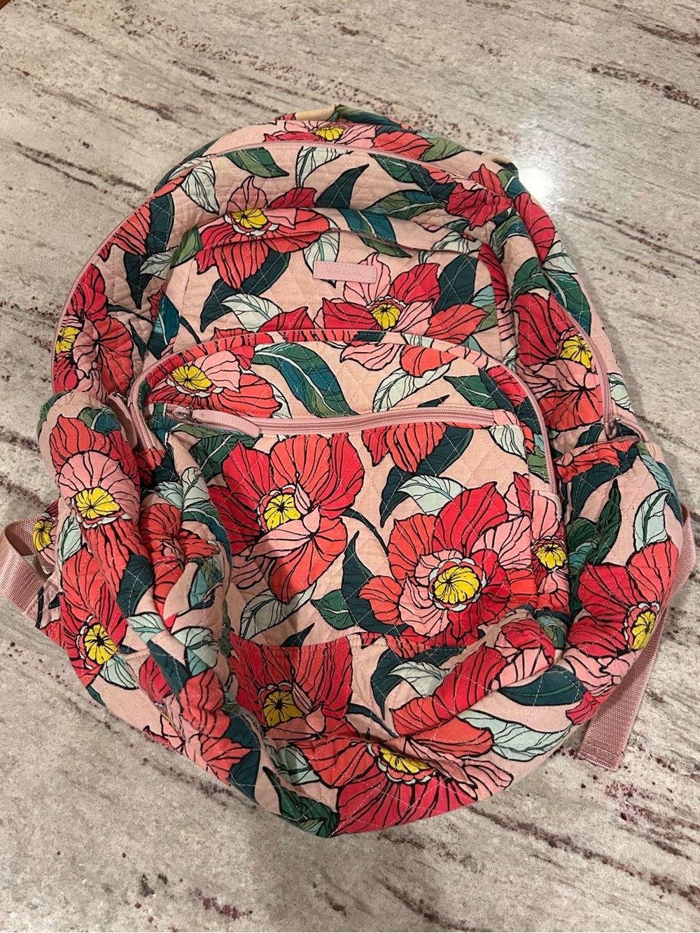 Vera Bradley Pink Backpack with Red Flowers & Green Leaves